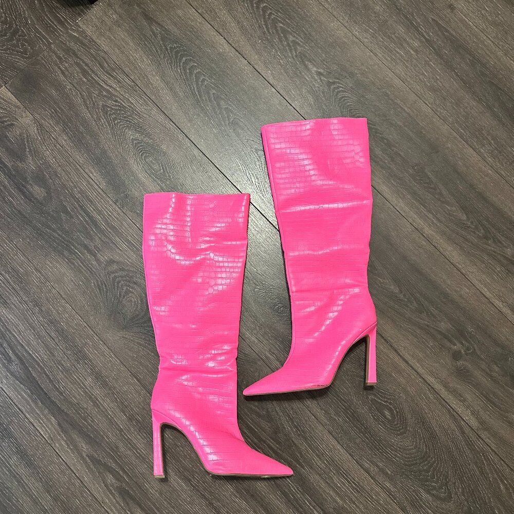 River Island Pink Croc Knee-High Boots
